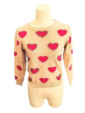 Lizette Collection Cream and Pink Crystal Jeweled Cropped Sweater Siz3 Small
